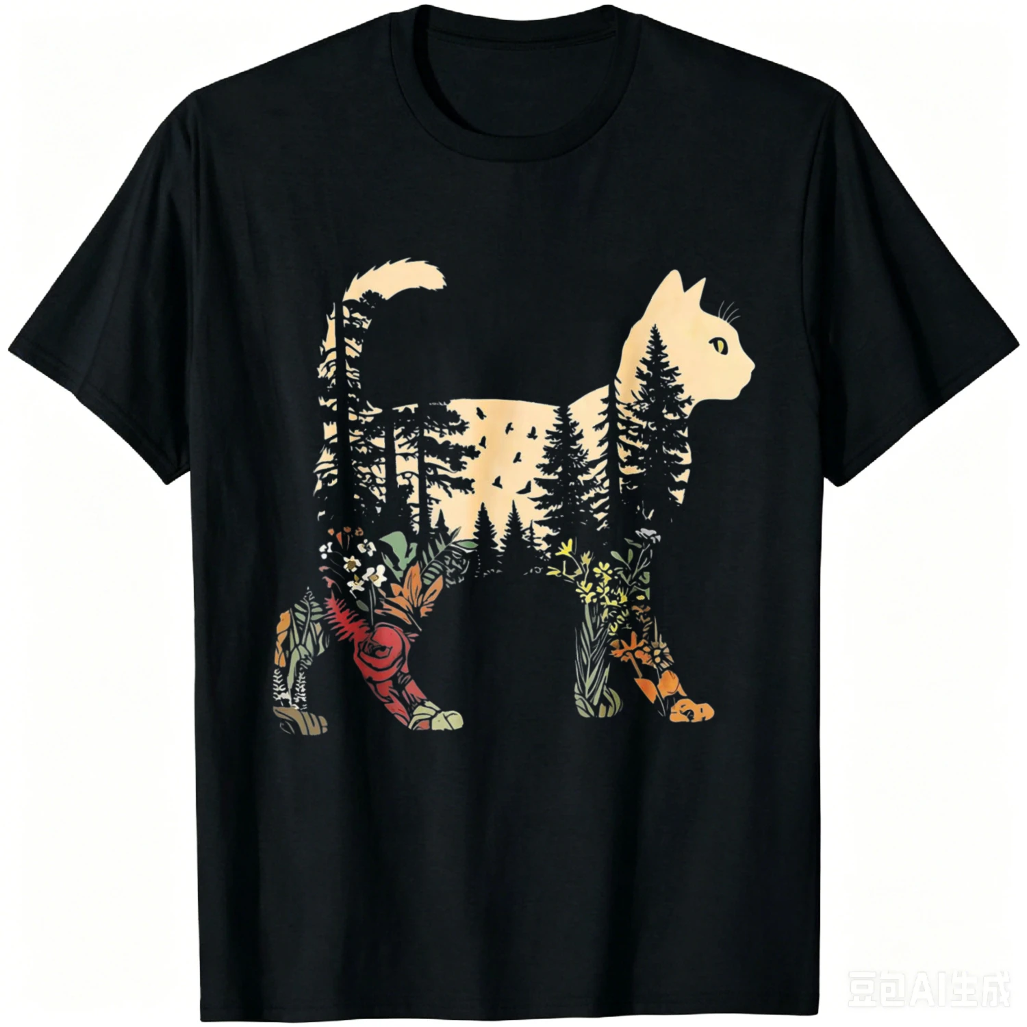 Boho Cat Plants Nature Trees Wild Flowers Women Cat Lovers T-Shirt Unisex Summer Streetwear Tops Camiseta Hombre