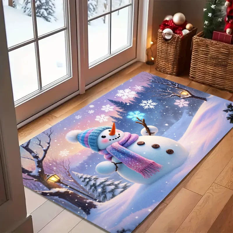 Pastel Sunset Snow Scene Snowman Doormat Street Lamp Pine Tree Snowflake Print Winter Wonderland Xmas Entry Porch Home Decor
