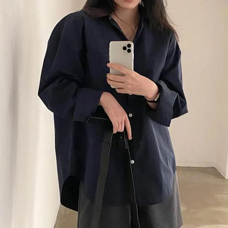 

Chic Spring Soft een Oversize Casual Pure Color Long Sve irt Women's Turn-down Collar Top Versatile Loose Fit