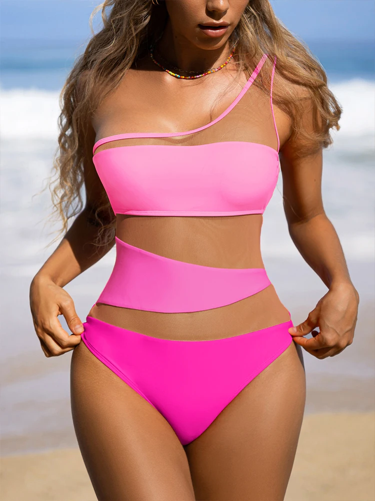 Peachtan One-Shoulder-Bademode, rosa Badeanzug, Damen-Einteiler-Badeanzug, Strandmode für Damen, Sommer 2024, koreanischer Badebekleidungsstil