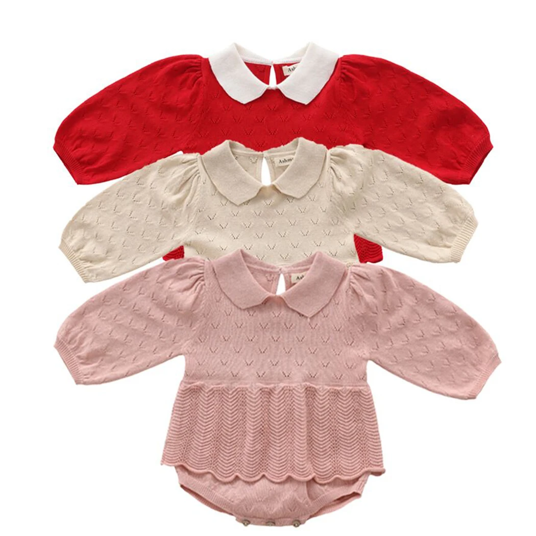 Christmas Red Baby Warm Knit Sweater Romper Petal Pan Collar Ruffles Bodysuit for 0-24Months Toddler Girls Winter Jumpsuit