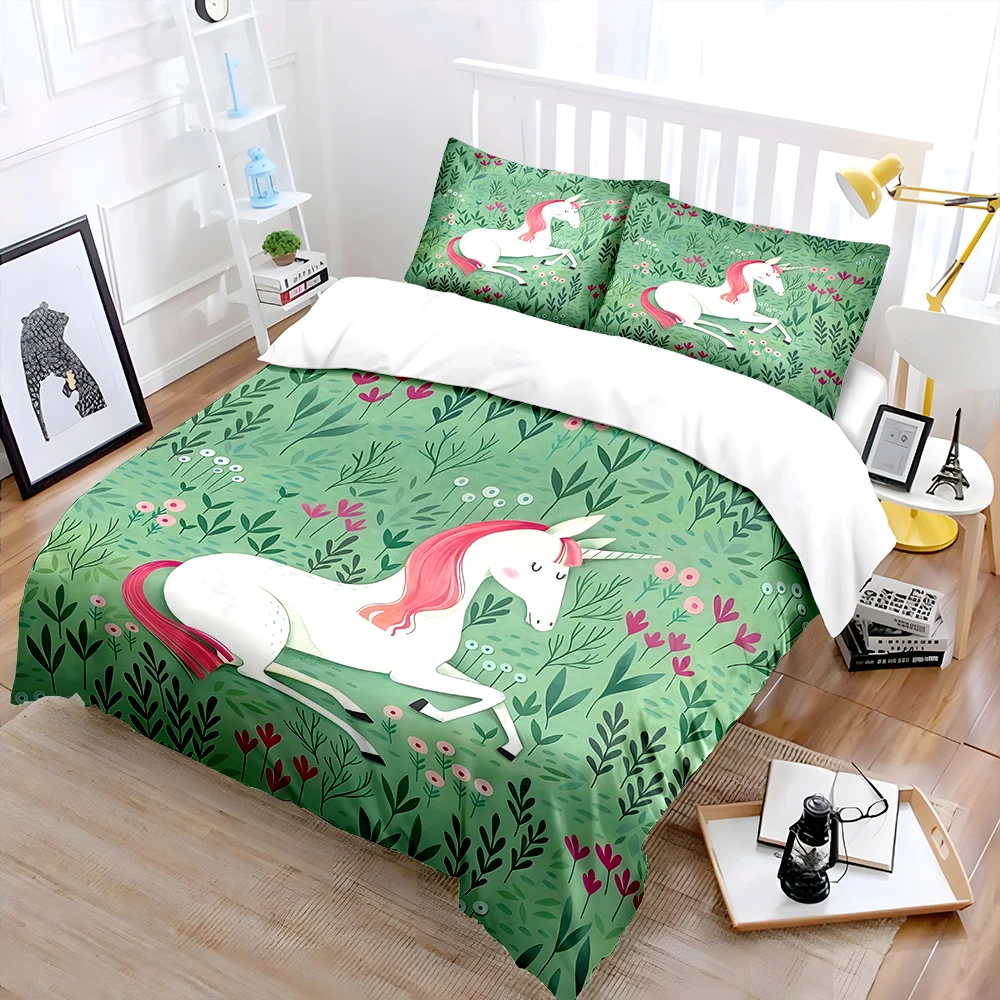 Unicorn and floral meadow Bedding Set for Kids Luxury Gift 3pcs Digital Print Comforter Set Soft Comfortable Breathable