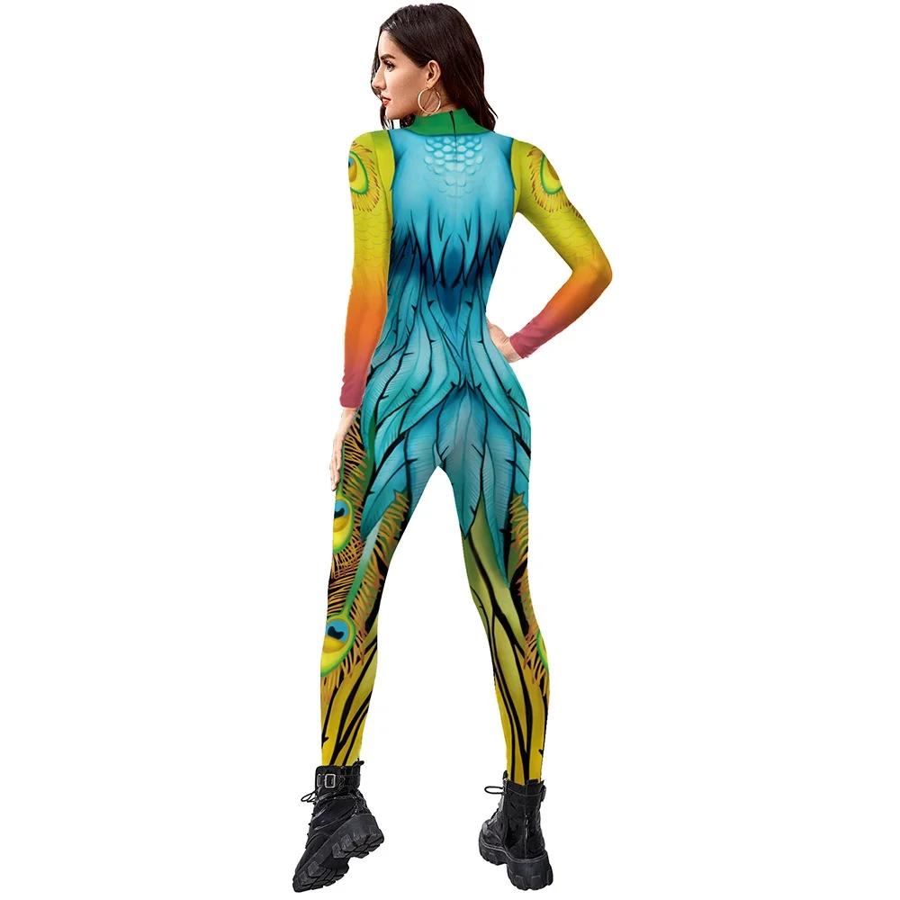 Vrouwen Mannen Dieren Pauw Vogels 3d Geprint Jumpsuit Volwassenen Halloween Cosplay Kostuum Voor Dansfeest Verkleden