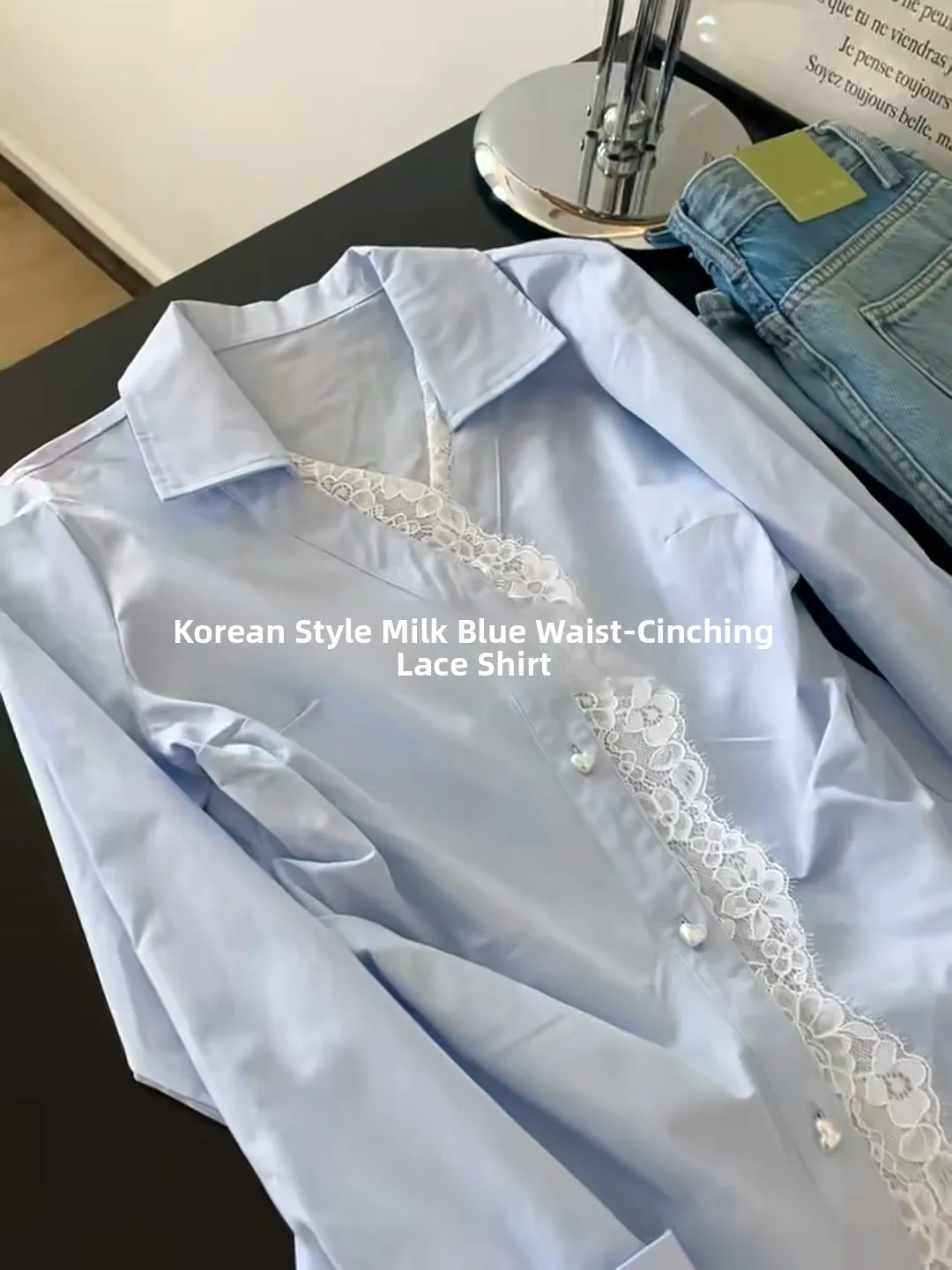 Garniture en dentelle bleue irt Jaet femmes début du printemps taille cintrée longue Sve haut de gamme sensation haut coréen Sle coupe ample bouton De...