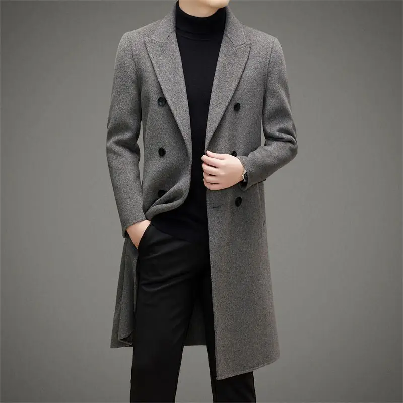 

Double-Faced Woolen Men's Coat Autumn Winter Mid-Length Casual Suit Collar Outerwear Polyester Fiber Stand Fit Single Button