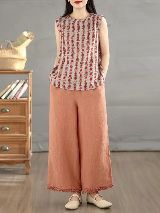 

Новый женский модный комплект 2026: свободный льняной жилет без рукавов с круглым вырезом и широкие брюки в повседневном стиле, длина 7/8