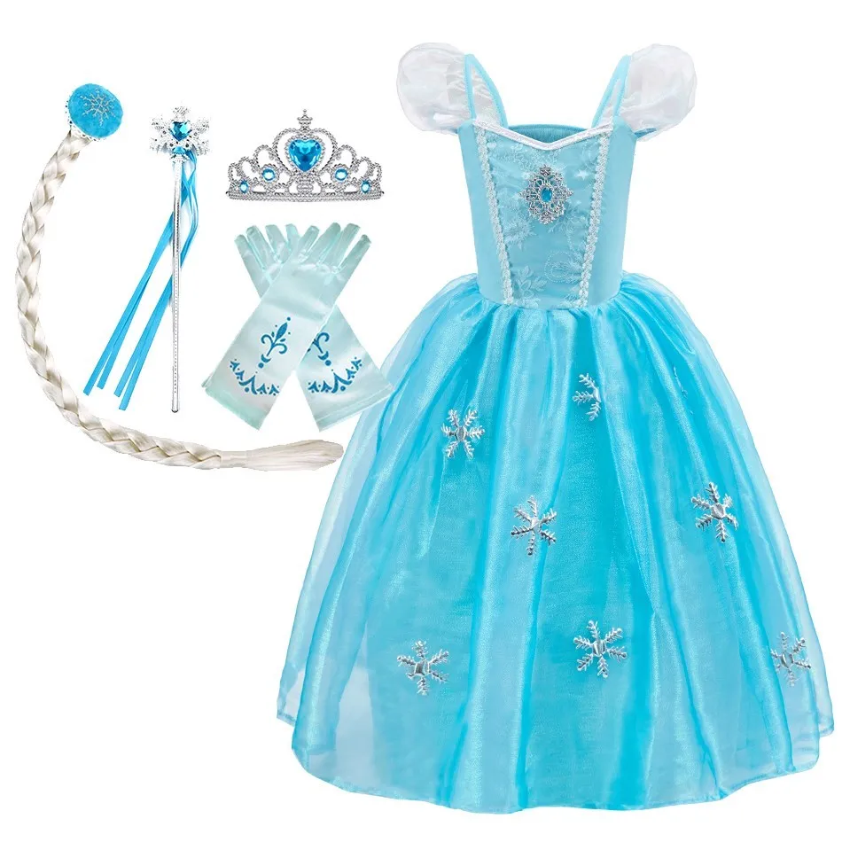 

Little Girls Elsa Costume Kids Princess Birthday Fancy Dress Children Summer Snowflake Appliques Vestidos Dance Sequin Dress Up