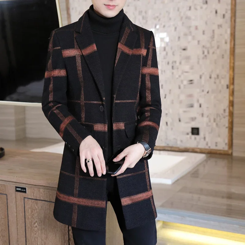 

Fashion 2024 Autumn Winter Plaid Woolen Coats Casual Men's Mid-Length Striped Overcoat Outwear Windbreaker British Thick Jackets