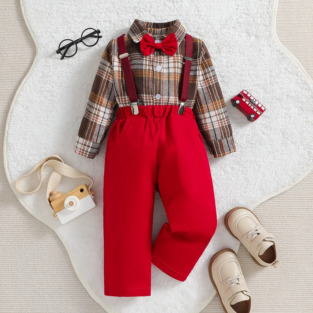 Christmas Outfit for Boys Clothes Set Kids Fashion Blouse Top Long Sleeve Plaid Shirt Suspender Pants with Bow Tie Photograph