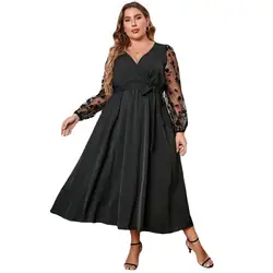 Abito con scollo a V elegante abito longuette in rete di pizzo ricamato con scollo a V con cintura a maniche lunghe per donna orlo avvolgente a vita alta Plus Size