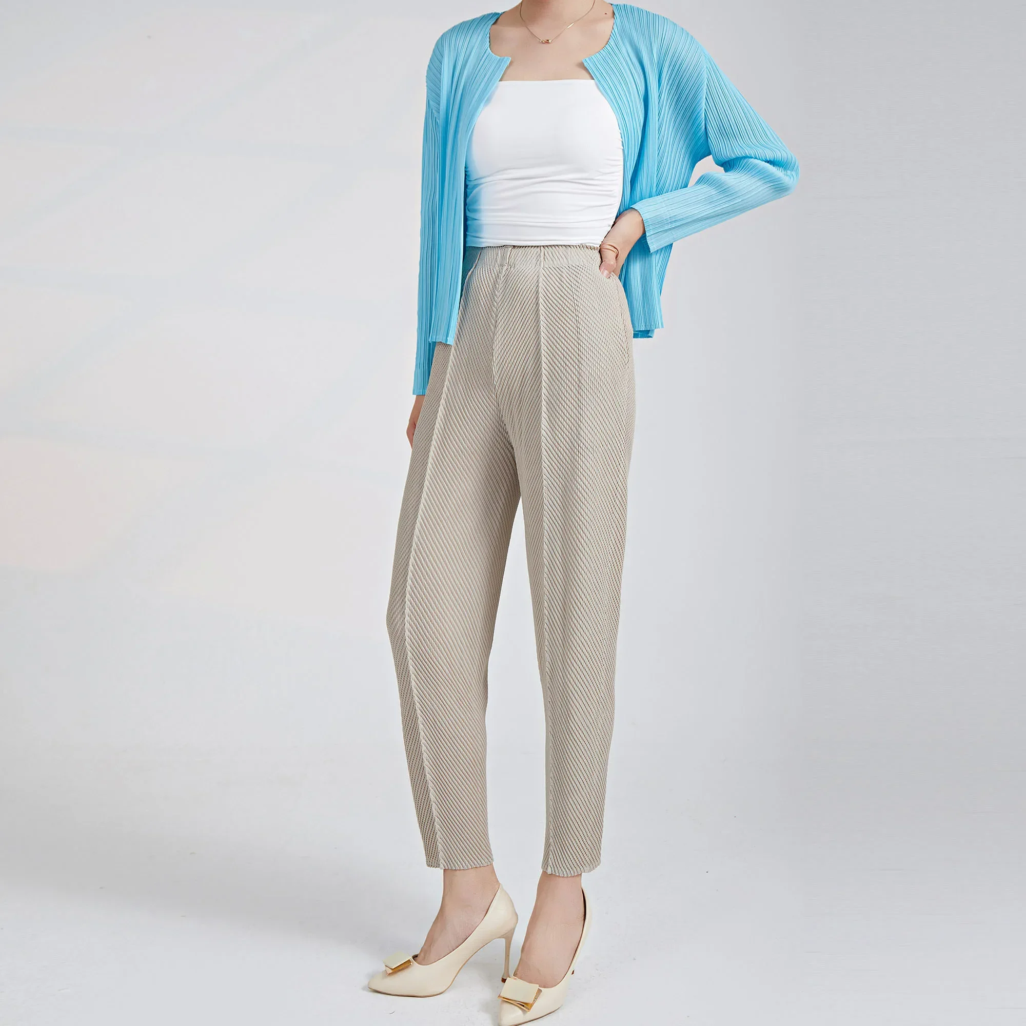Miyake เอวสูงมังกรจีบกางเกง Cropped การออกแบบที่ไม่ซ้ํากันผู้หญิง Casual Skinny Fit ร้อนขายตกแต่งยืดหยุ่น