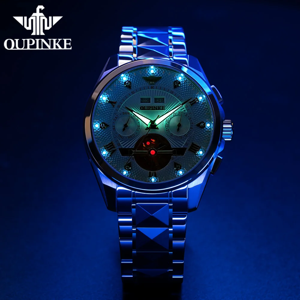 OUPINKE 3270 Automatisch mechanisch herenhorloge Wolfraam stalen band Multifunctioneel Datum Waterdicht Lichtgevend herenpolshorloge