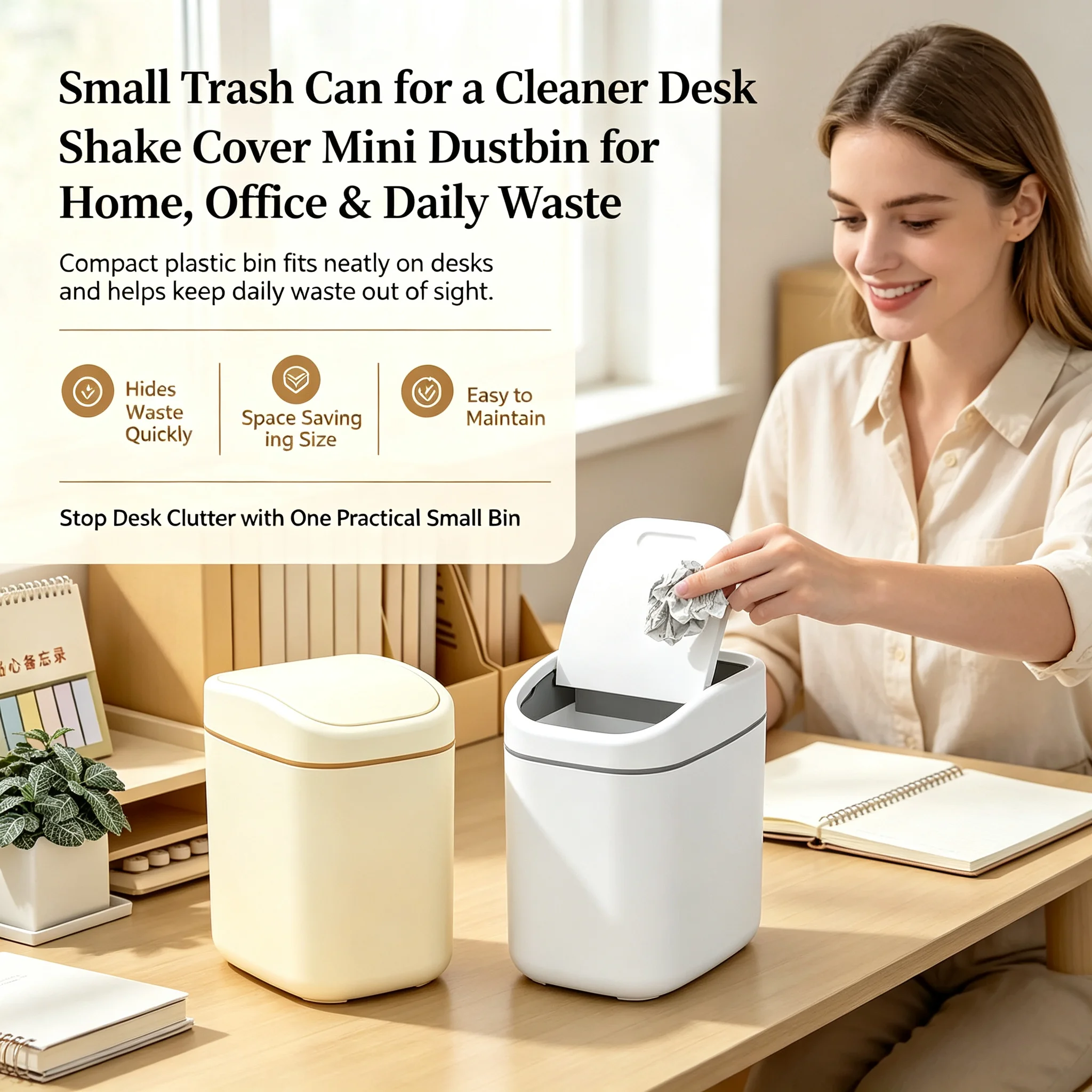 Desktop Trash Can Small Mini Garbage Can Plastic Dustbin with Shake Cover for Home Office Waste Bins Household Cleaning