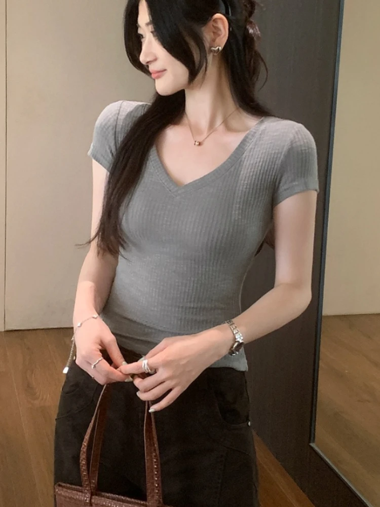 2026 Summer New Arrival Sheer Women T-shirt Stylish Slim Fit Elegant Ribbed V-Neck Short Sleeve Tee Women Solid Casual Top