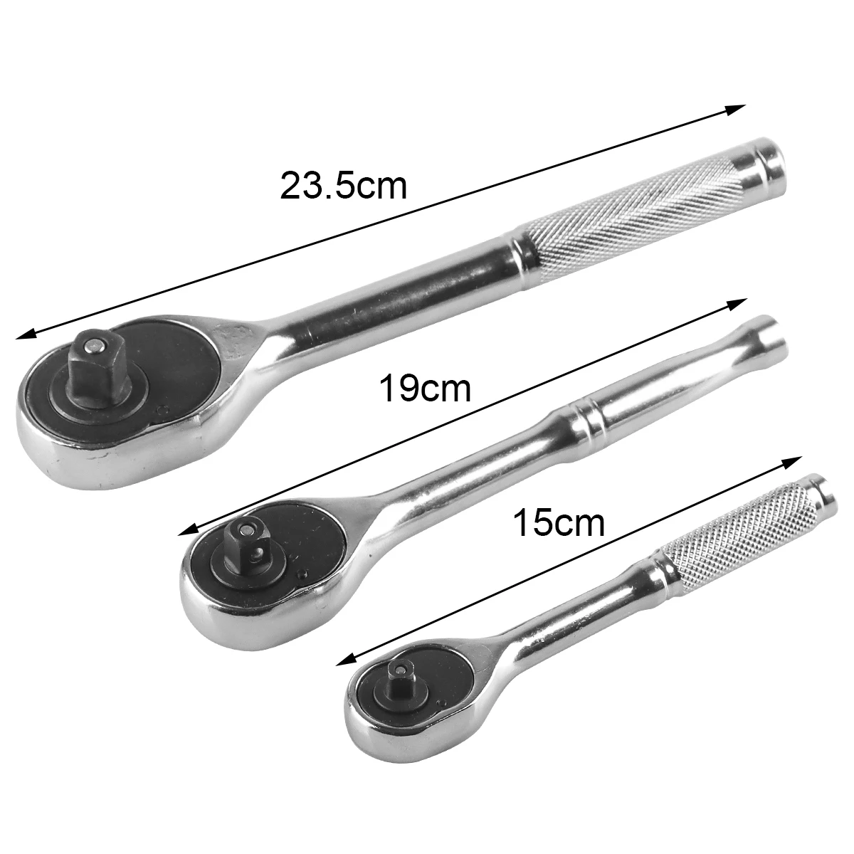 Quick-Release Ratchet Set with Teardrop Head, Full-Polished Chrome Solid Handle, 1/4, 3/8, 1/2-Inch