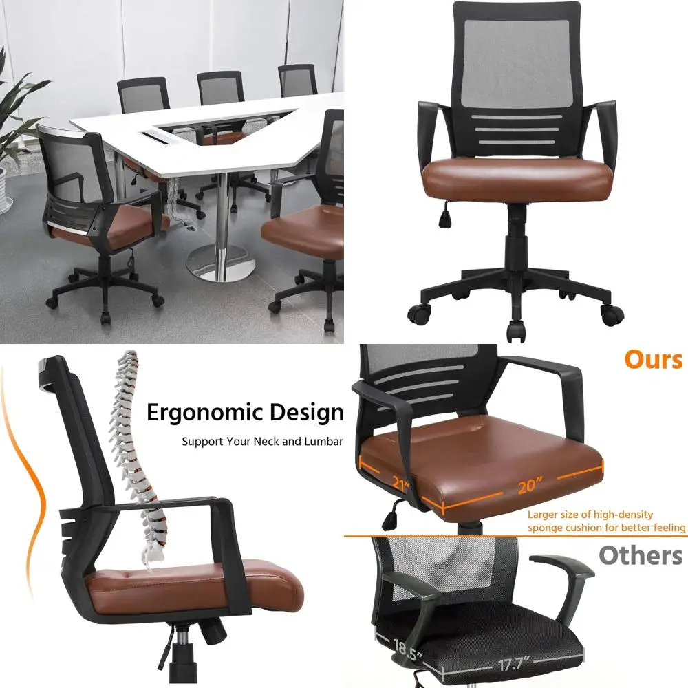 

Ergonomic Leather and Mesh Office Chair with Swivel, Adjustable Lumbar Support, Brown