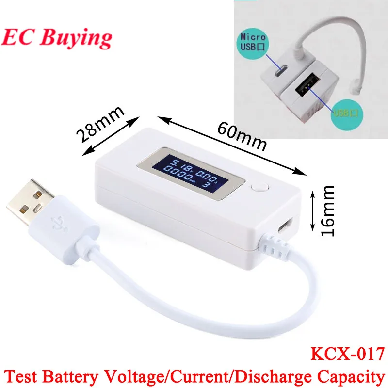 KCX-017 Amperomierz Wyświetlacz LCD Mini USB Napięcie Prąd Pojemność Monitor Tester Miernik 4-30V Detektor Mobilny Tester Mocy Kabel 20cm