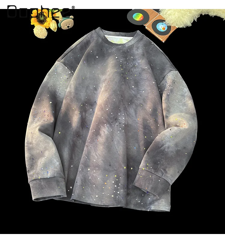 

Spring and Autumn New Tie-Dye Starry Sky Print Men's Long Sleeve Gray Hoodie American Style Loose Casual Black and White Hoodie