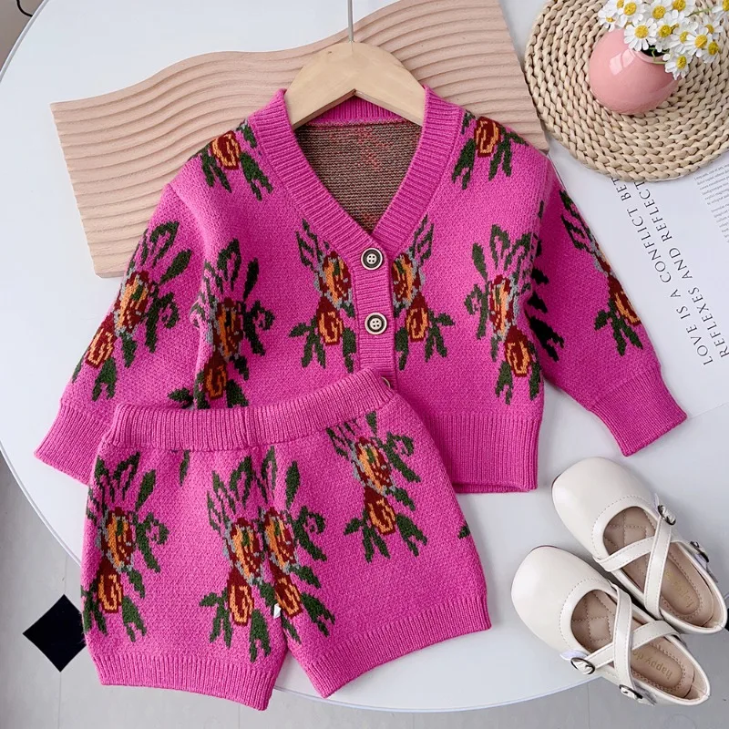 Свитер Knitted Kid Set Kid Autumn Clothes2023 Girl Treasure Ethnic Printed Sweater Cardigan+Shorts Personalized Sweater Set Ropa