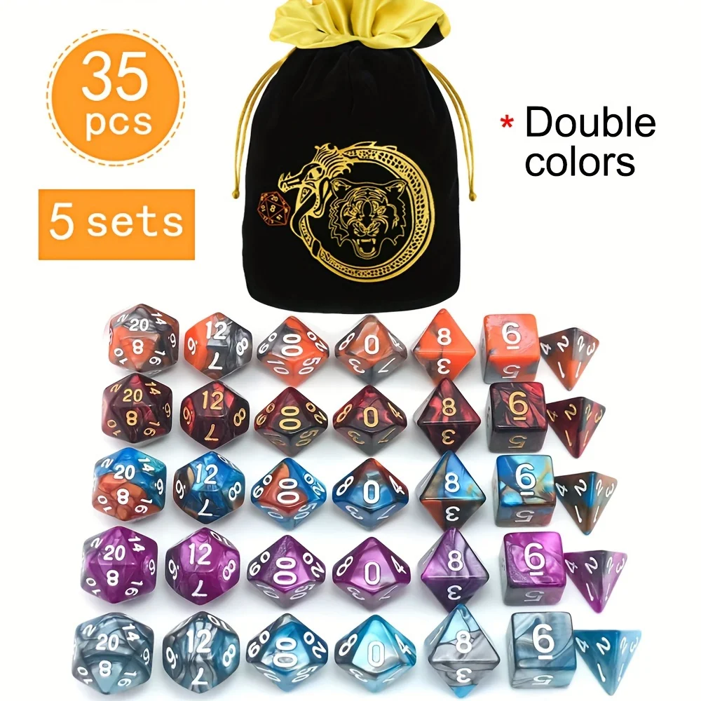 DND 5 Sets 35 Pcs Polyhedral Dice with a Creative Pattern Satin-Lined Velvet Bag for DND RPG MTG, Great Gift for Halloween view 3