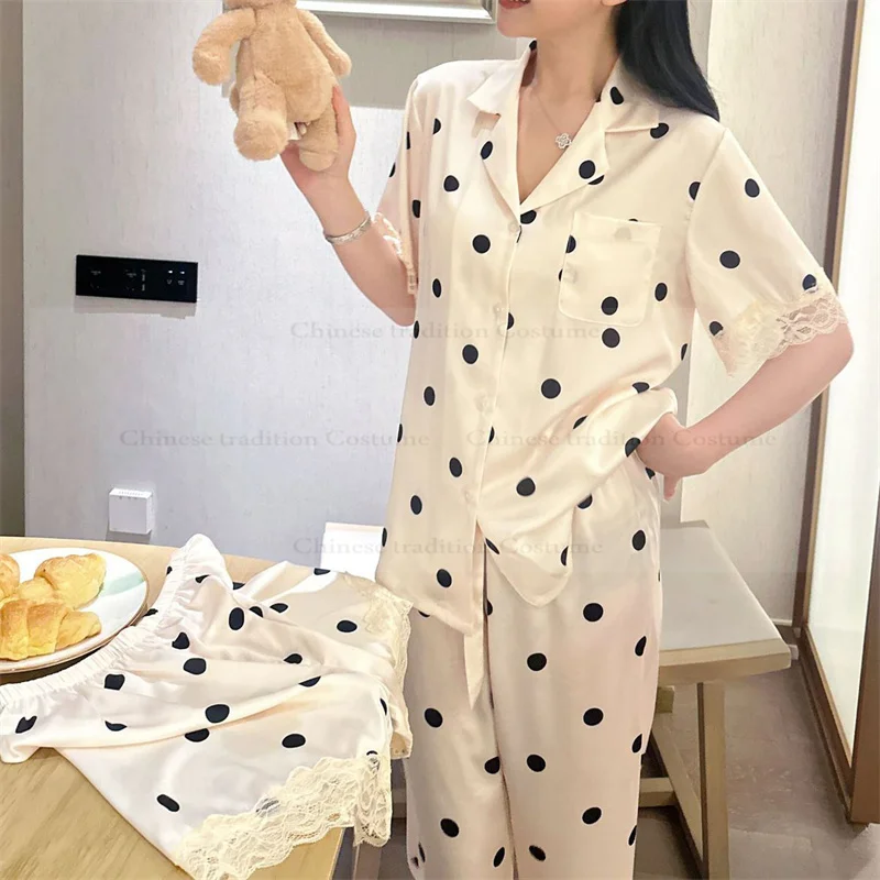 Luksusowy zestaw piżam w kropki, 3-częściowy, seksowna bielizna nocna z koronkowym wykończeniem, damska odzież domowa z krótkim rękawem z rayonu.