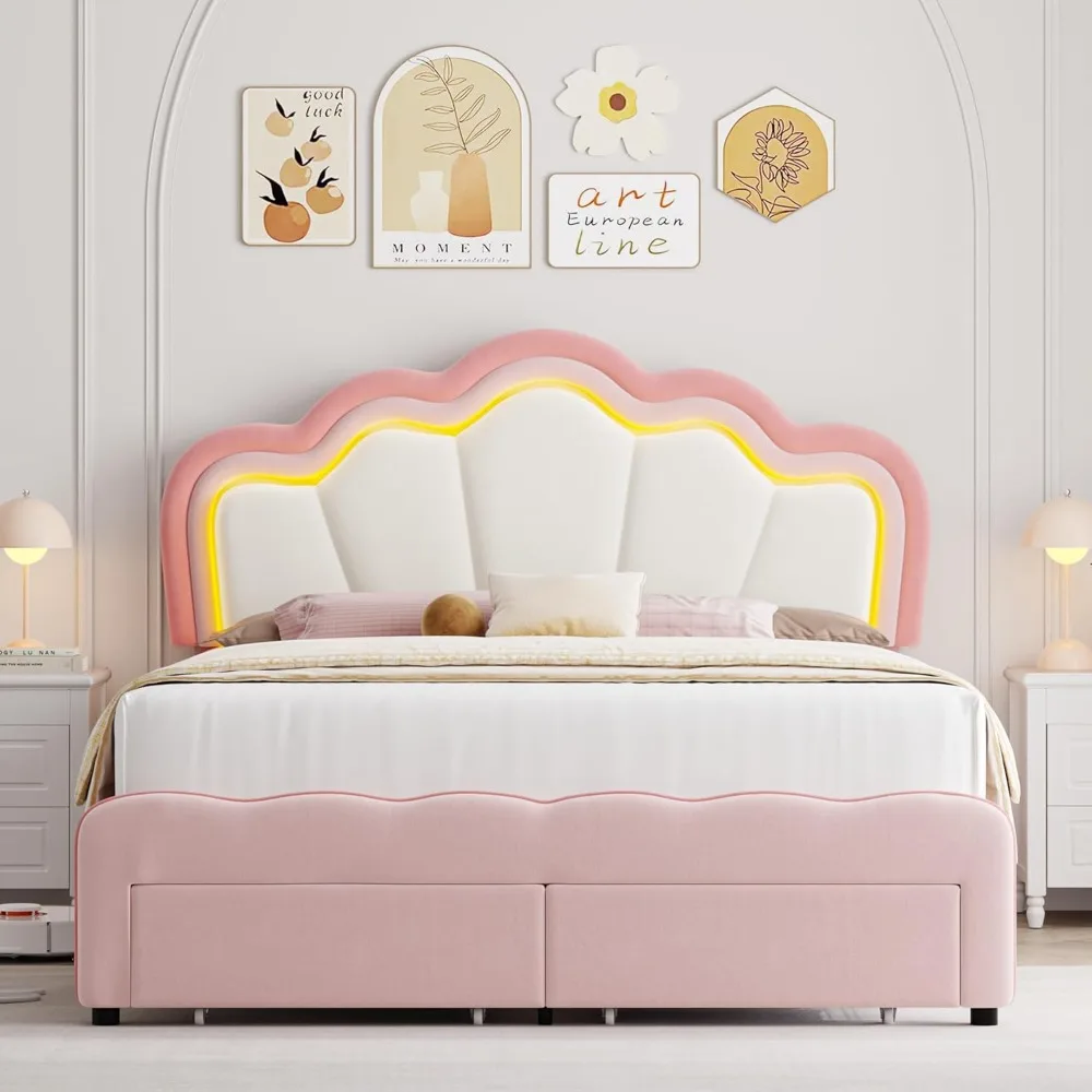 Queen Upholstered LED Bed Frame with Storage Drawers,Cute Girls Bed with Adjustable Lotus Headboard,Velvet Princess Platform Bed