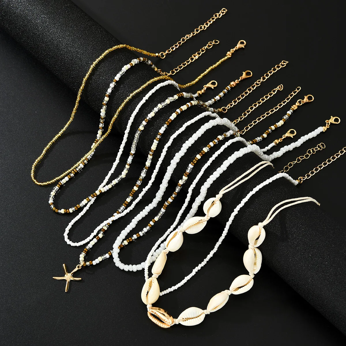 7Pcs/Set Boho Starfish Conch Rice Beads Pendant Necklace for Women Fashion White Color Multi layered Necklace Set Summer Jewelry