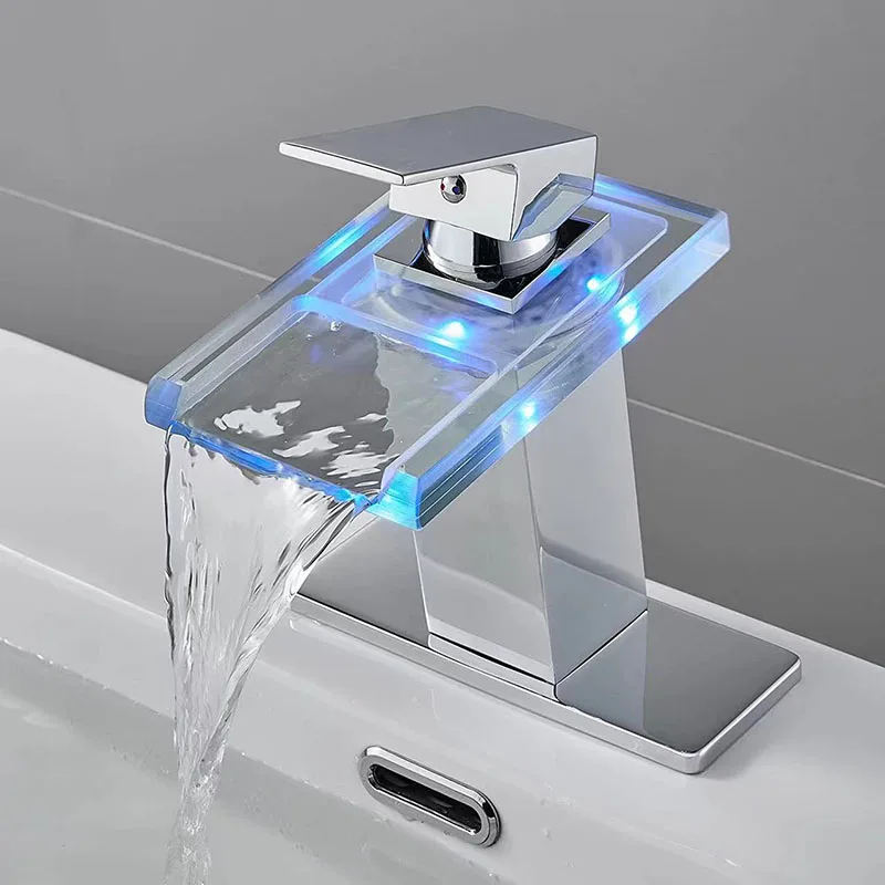 

Glass Bathroom Basin Faucet Mixer Water Tap LED Luminous Color Changing Hydro Power Black Waterfall Basin Faucet Stainless Steel