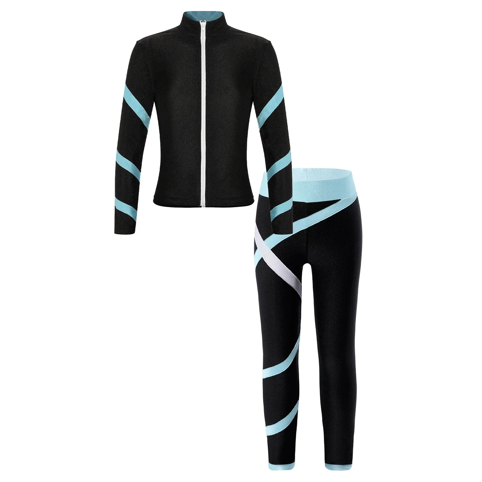 

Hot 2023 Kids Girls Gymnastics Sport Suit Fashion Contrast Color Stripe Zipper Stand Collar Long Sleeve Sweatshirt with Leggings