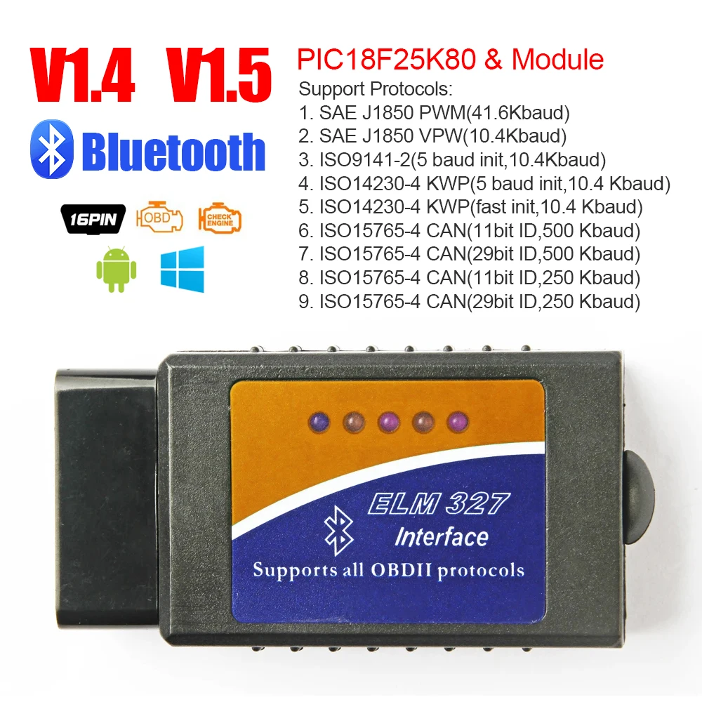 

ELM327 Bluetooth V1.5 V1.4 оригинальный чип PIC18F25K80 для IOS/Android/Windows OBD2 считыватель кодов OBDII сканер автомобильный диагностический инструмент