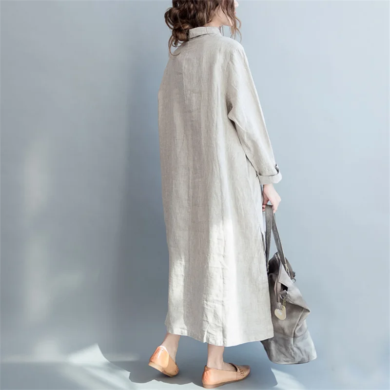 

New Spring Autumn Woman Wash Painting Print Shirt Dress Casual Loose Split Linen Dress Ladies Bigsize Long Robe Dresses Vestidos