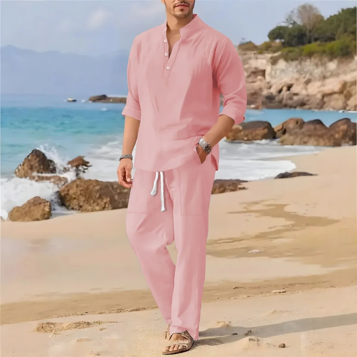 Men's Retro Cotton Linen Stand-Up Collar Long-Sleeved Suit Spring-Autumn Fashionable Loose Pure-Color Two-Piece Set