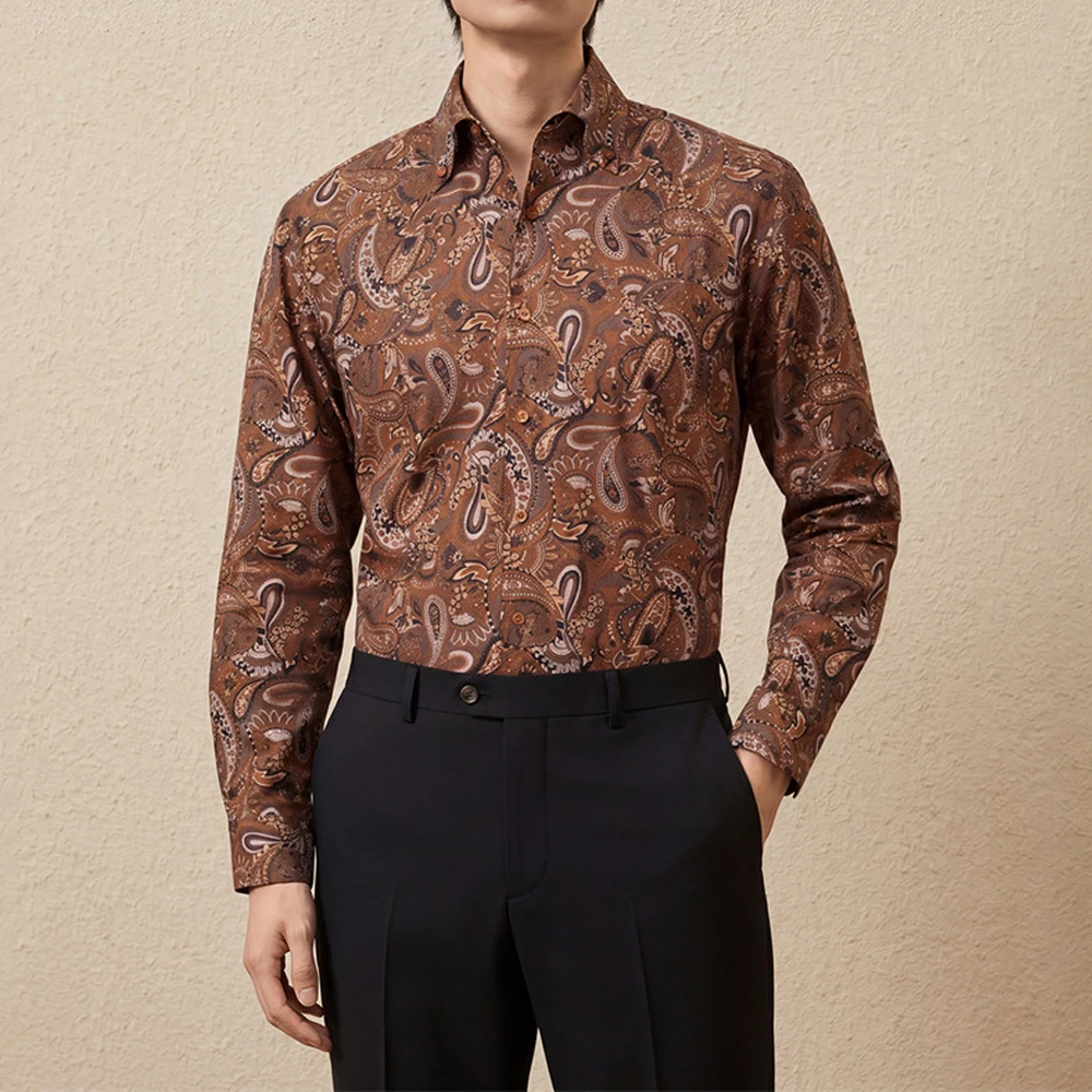 

Retro Paisley Cotton Long Sleeve Men Shirts Elegant Lapel Slim Men's Print Shirt High Quality Breathable 3D Pattern Mens Blouse