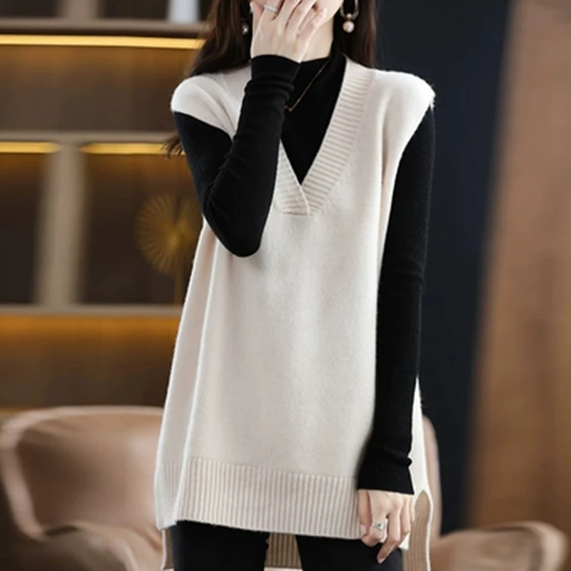 Autumn Winter New Cashmere Vest Sleeveless V-neck Loose Casual All-match Knitted Tunics Women Clothing Sweater Tops