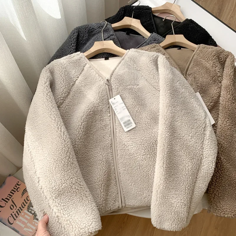 

Lamb Fur Women Coats Autumn Winter Solid Thick Warm V-Neck Long-Sleeved Casual All Match Female Outwear Jackets