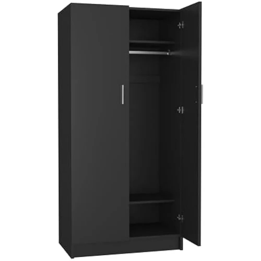 2 Door Wardrobe Closet Bedroom Armoires with 2 Shelves Storage, Hanging Rail for Bedroom (Black)
