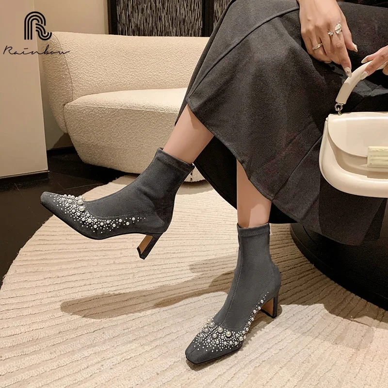 Arcobaleno nuovo tacco alto in vera pelle elastico calzino dimagrante stivali autunno inverno donna rivetto di perle moda scarpa alla caviglia taglia 34-42