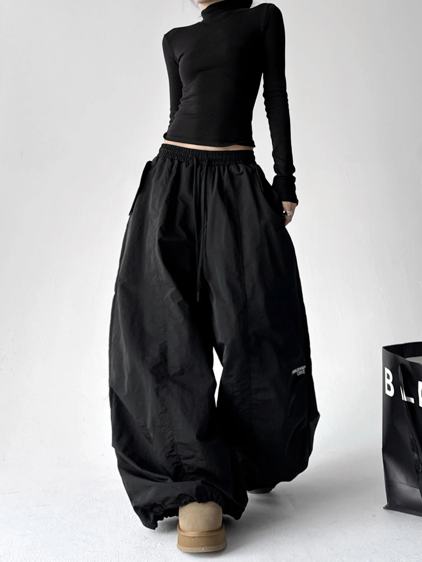 กางเกงคาร์โก้ทรงหลวมสไตล์อเมริกันเรโทรสำหรับผู้หญิง เอวสูง มีเชือกผูก ทรงหลวมสบายๆ ขาตรง