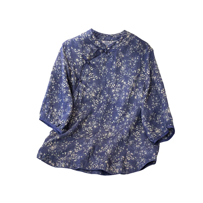 Neue Chinesische Sle Floral Print Baumwolle Leinen irt frauen Sommer Große Größe Reformiert Tang Kostüm Top Stehkragen Button up