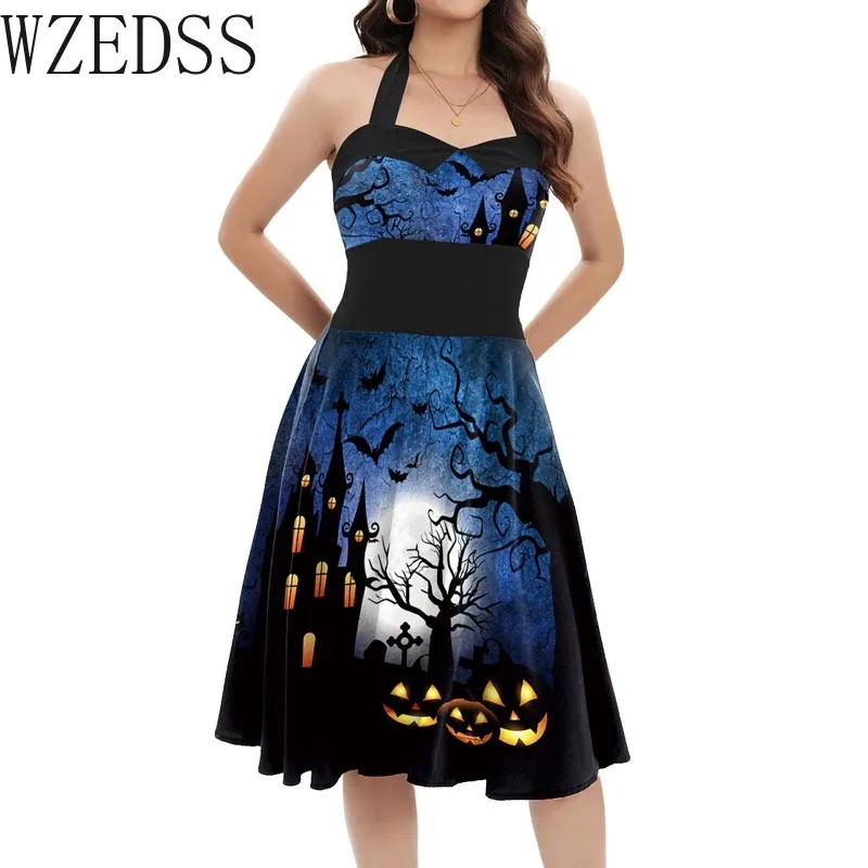 Frauen Sommer rücken frei sexy Slip Vintage Kleid dünn Stretch sexy Clowm Print Halloween Party y2k Rockabilly Vestidos Robe Kleid