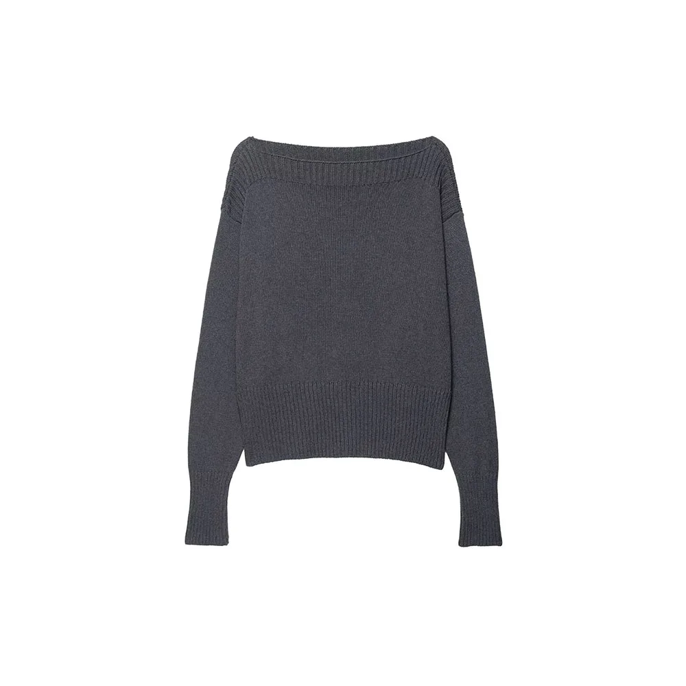 

New autumn and winter women's fashionable and stylish solid color loose one neck long sleeved knitted sweater
