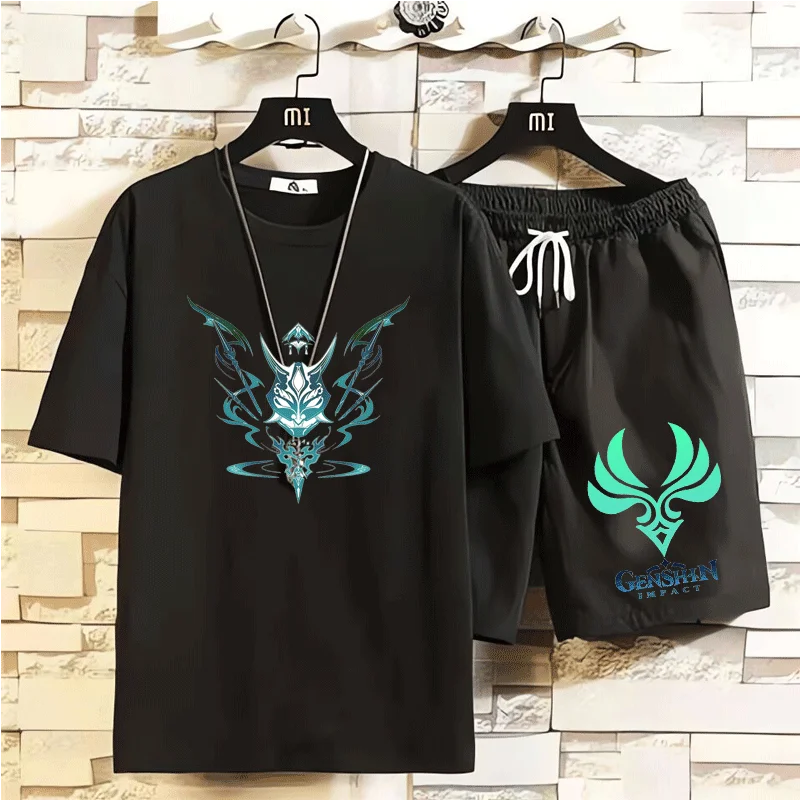 Genshin - تي شيرت بأكمام قصيرة وشورت للشاطئ مع طباعة تأثير ثلاثية الأبعاد، طقم مكون من قطعتين، بدلة تنكرية من Anime Xiao Yelan Aether