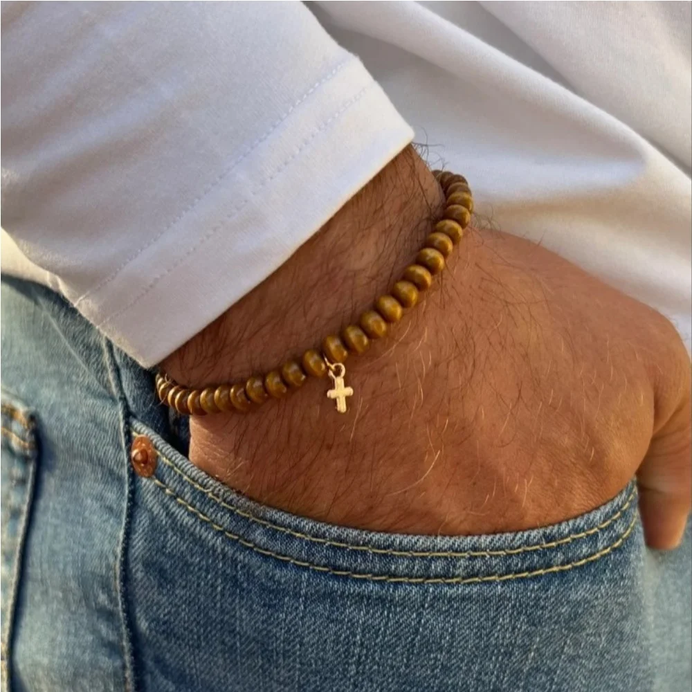 Retro-Holzperlen-Armband für Männer, einfaches Kreuzanhänger-Armband-Set, modischer Schmuck, trendige Accessoires – Detail 3