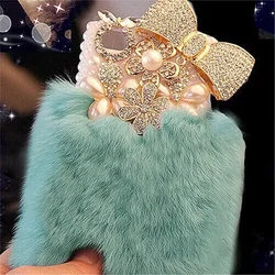 Bling Crystal Fluffy Rabbit Fur Case Winter Soft Case Bling Fur Shell for samsungS24 S25 S21 Plus S22 S23 Ultra Note 20 10 Cover