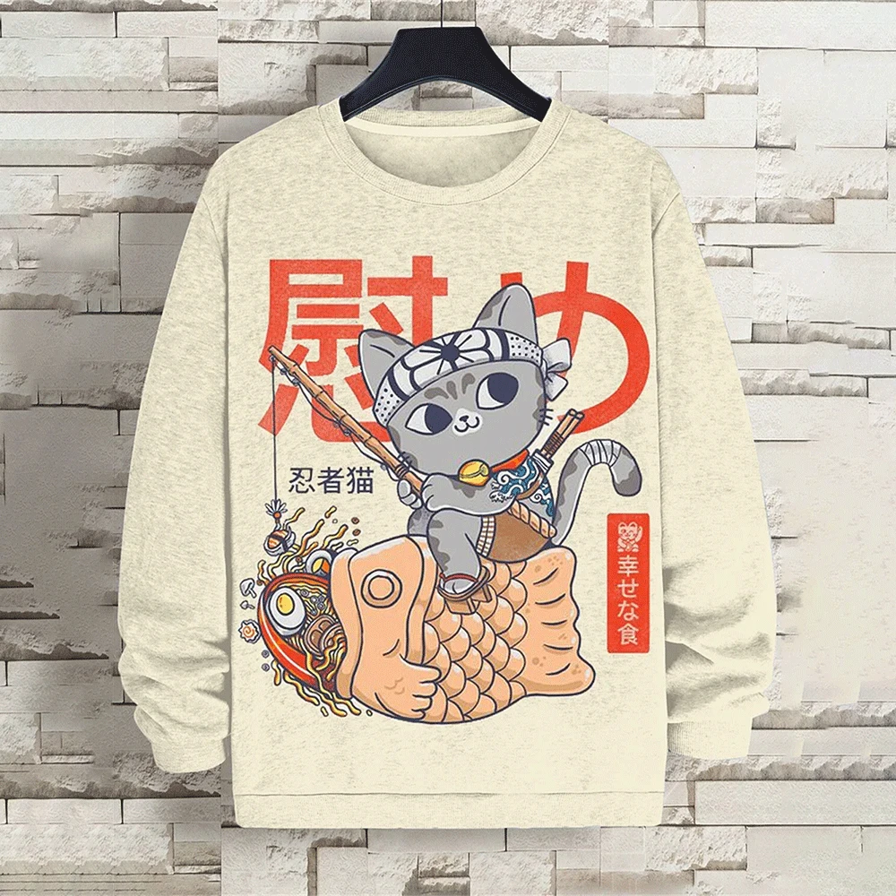 Japanese Style Sweatshirts For Men Fishing Cat 3d Print Long Sleeve T-Shirts Autumn Men Clothing Oversized Sweatshirts Women Top