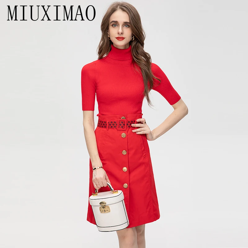 

MIUXIMAO 2023 High Quality Spring&Summer Elegant Set Short Sleeve Choker Solid Shirt+Skirt Fashion Two-piece Set Women Vestides