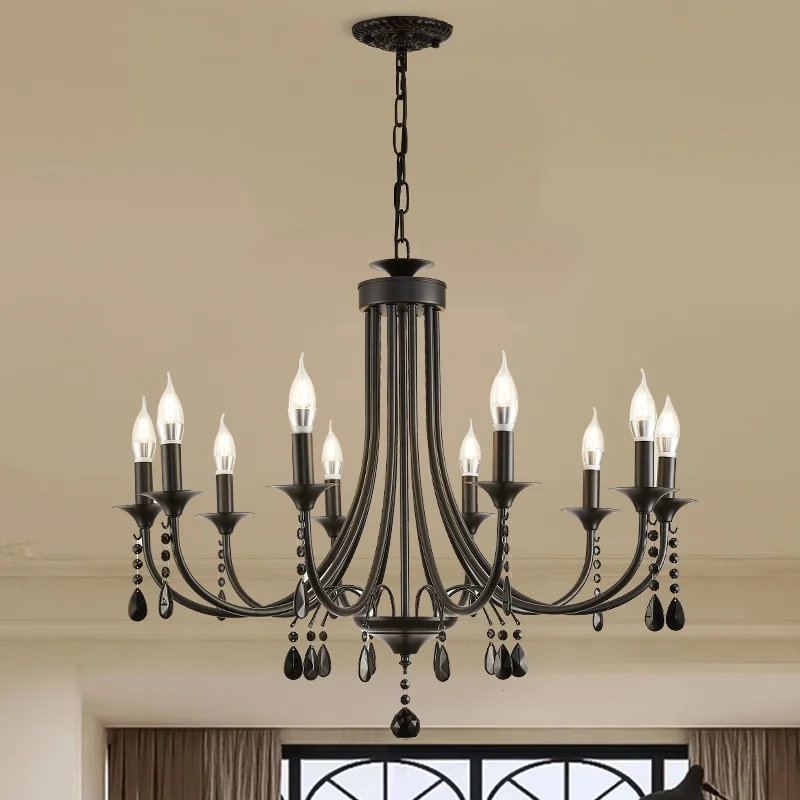 American Black Metal E14 Led Chandelier Living Room Crystal Hanging Lamp Art Decor Home Lighting Led