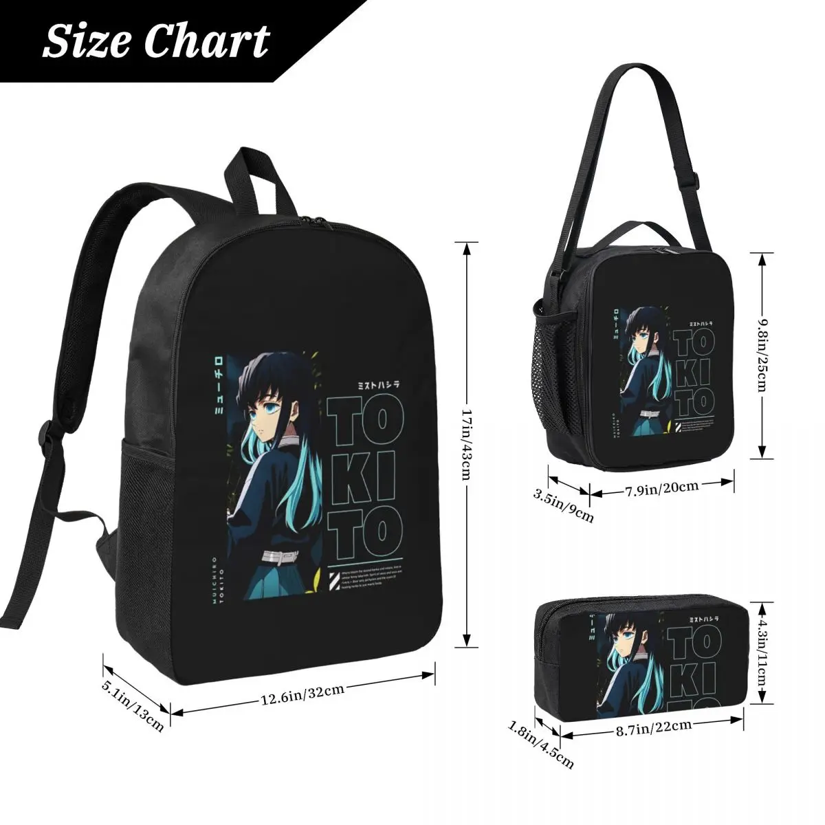 Muichiro Tokito Demon Slayer Backpack Boys Girls BookBag School Bag Laptop Shoulder Bags 3ps Insulated Lunch Bag Pencil Case