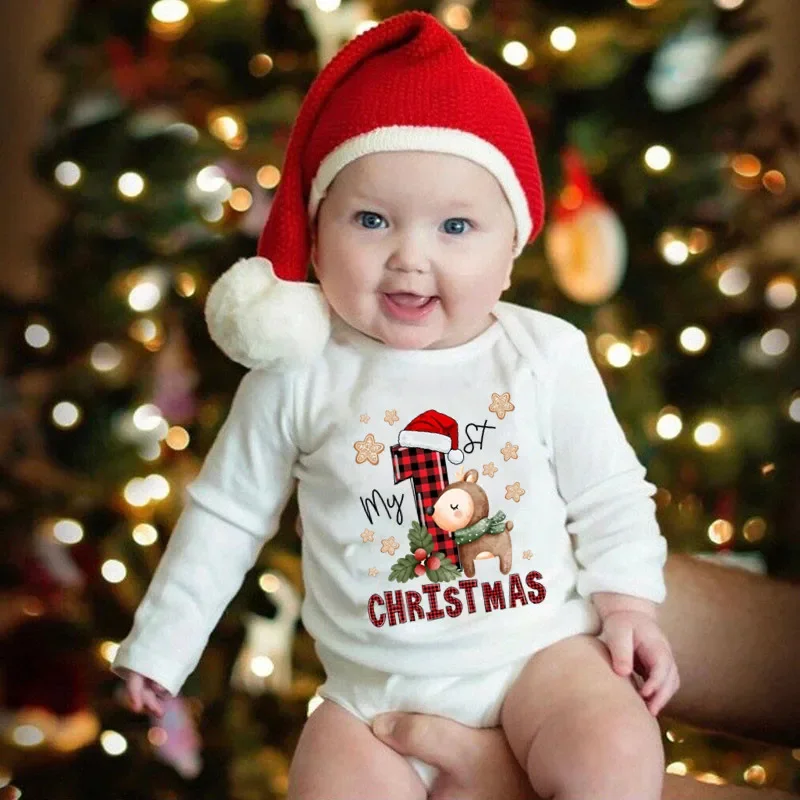 My First Christmas Baby Bodysuit Long Sleeve Cute Reindeer Santa Print Newborn Xmas Romper Infant New Year Holiday Outfit