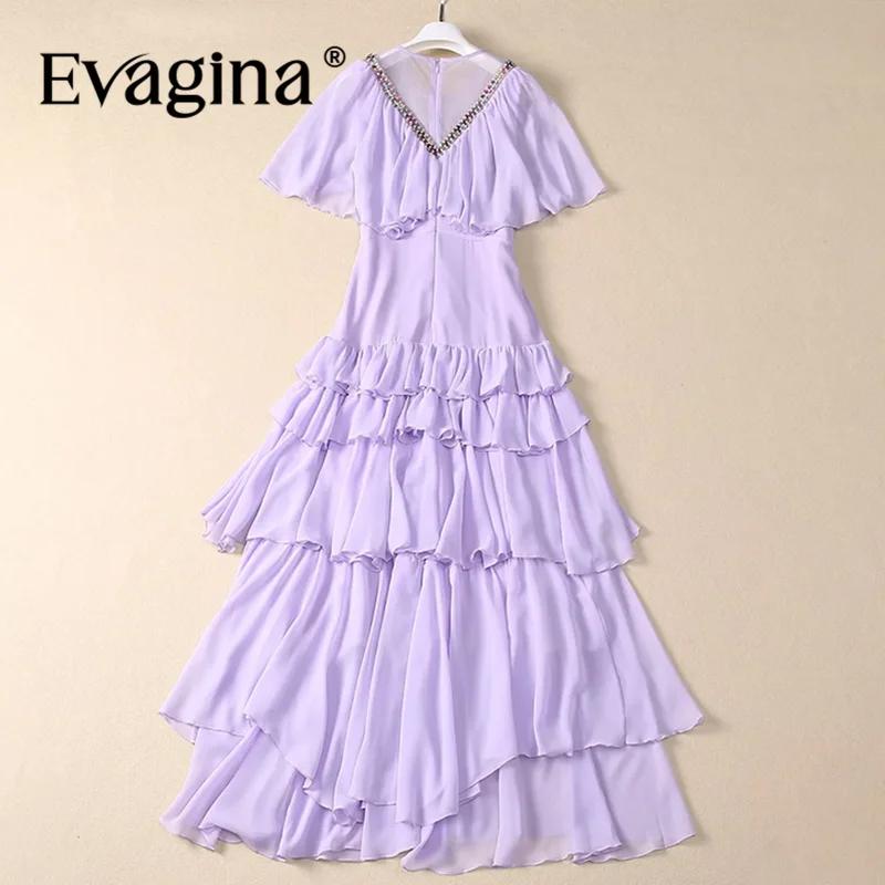 Evagina Summer Women's Dress Cloak Sleeves Fashion Tiered Ruffles Design Beading Gorgeous Evening Dresses